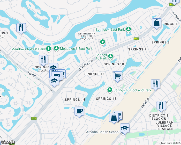 map of restaurants, bars, coffee shops, grocery stores, and more near Street 1 in Dubai