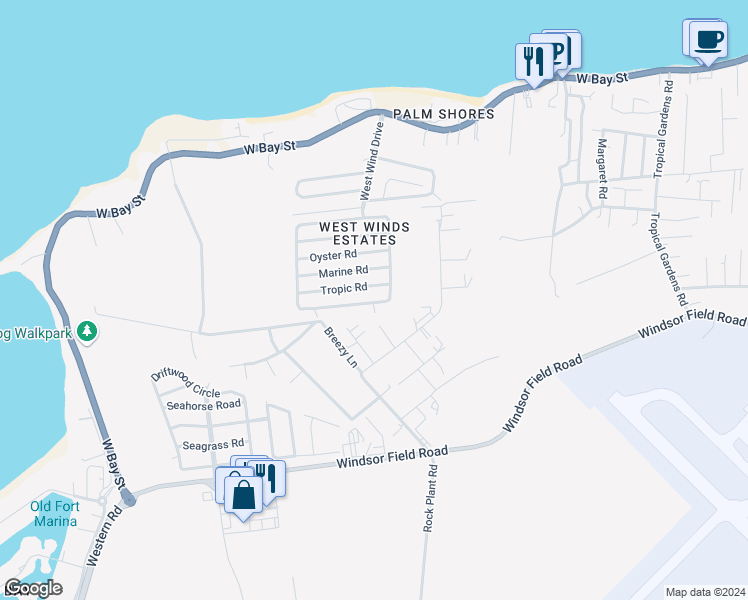 map of restaurants, bars, coffee shops, grocery stores, and more near Myrtle Close in Nassau