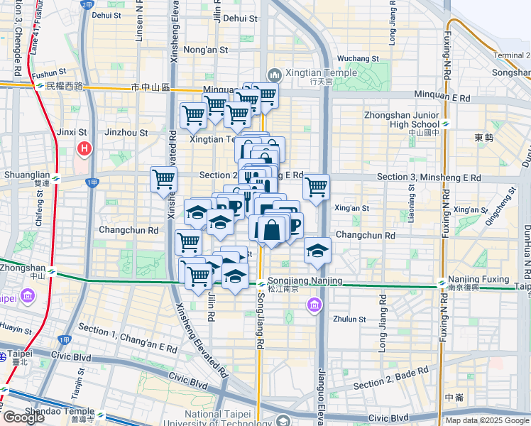 map of restaurants, bars, coffee shops, grocery stores, and more near 169 SongJiang Road in Zhongshan District