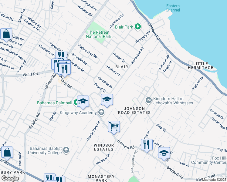 map of restaurants, bars, coffee shops, grocery stores, and more near Richmónd Road in Nassau