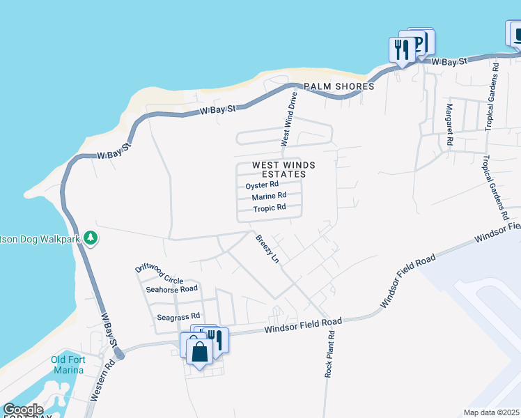 map of restaurants, bars, coffee shops, grocery stores, and more near Tropic Road in Nassau