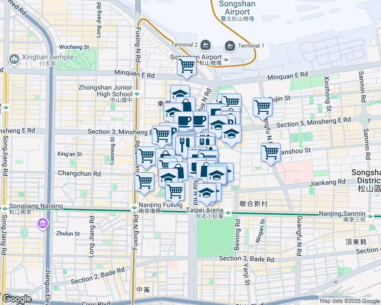 map of restaurants, bars, coffee shops, grocery stores, and more near 168 樓14 之1 DunHua North Road in Songshan District