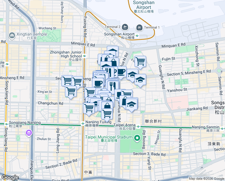 map of restaurants, bars, coffee shops, grocery stores, and more near 168 樓14 之1 DunHua North Road in Songshan District