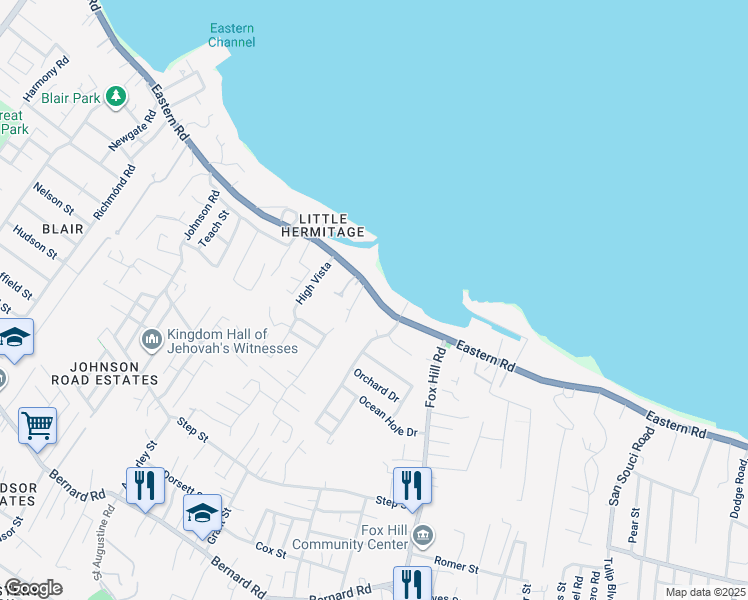 map of restaurants, bars, coffee shops, grocery stores, and more near NA Eastern Road in Nassau