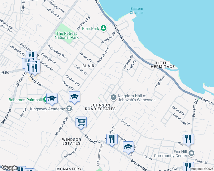 map of restaurants, bars, coffee shops, grocery stores, and more near Barlett Street in Nassau