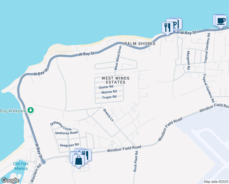 map of restaurants, bars, coffee shops, grocery stores, and more near Oyster Road in Nassau