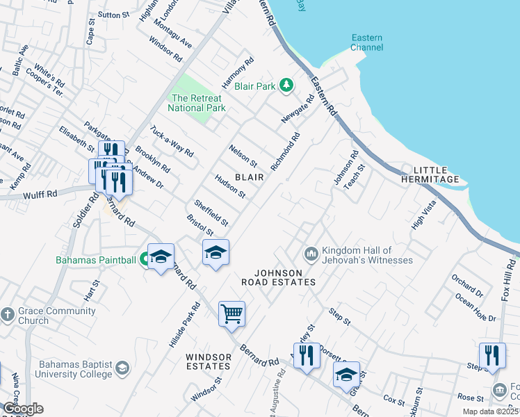 map of restaurants, bars, coffee shops, grocery stores, and more near Hudson Street in Nassau