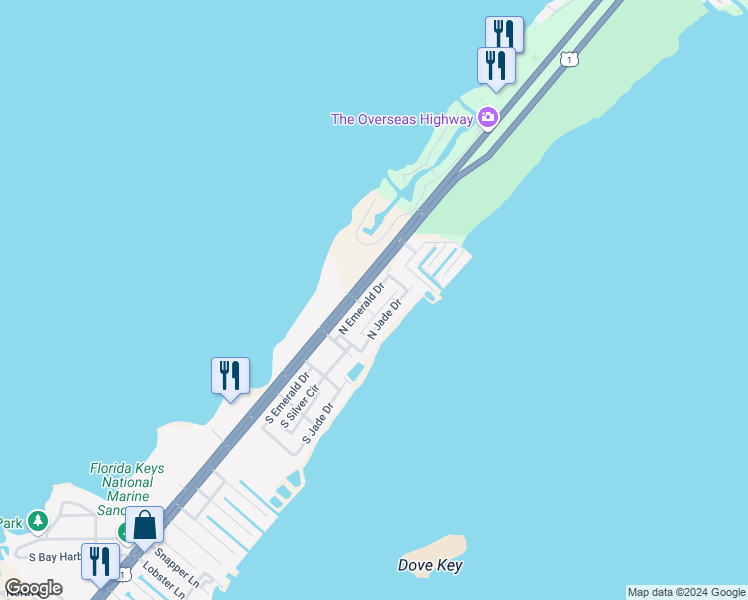 map of restaurants, bars, coffee shops, grocery stores, and more near 615 North Emerald Drive in Key Largo