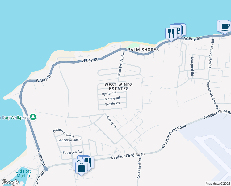 map of restaurants, bars, coffee shops, grocery stores, and more near Oyster Road in Nassau