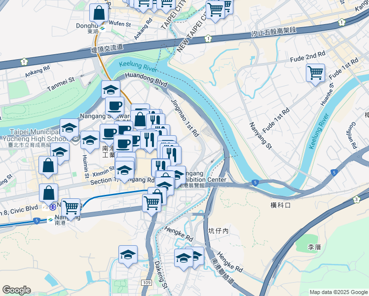 map of restaurants, bars, coffee shops, grocery stores, and more near 170 Jingmao 1st Road in Nangang District