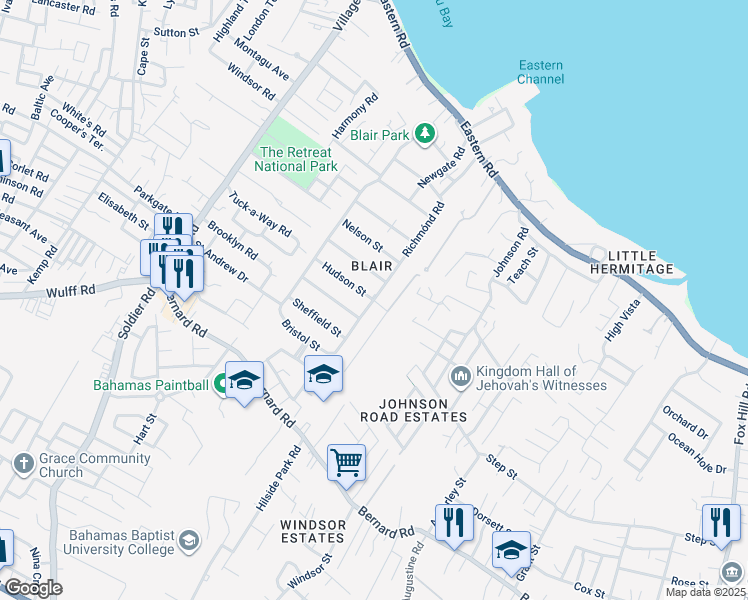map of restaurants, bars, coffee shops, grocery stores, and more near Hudson Street in Nassau