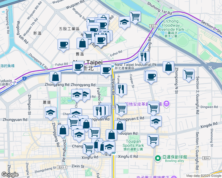 map of restaurants, bars, coffee shops, grocery stores, and more near 555 Siyuan Road in Xinzhuang District