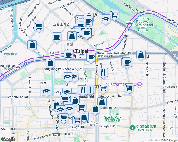 map of restaurants, bars, coffee shops, grocery stores, and more near 555 Siyuan Road in Xinzhuang District