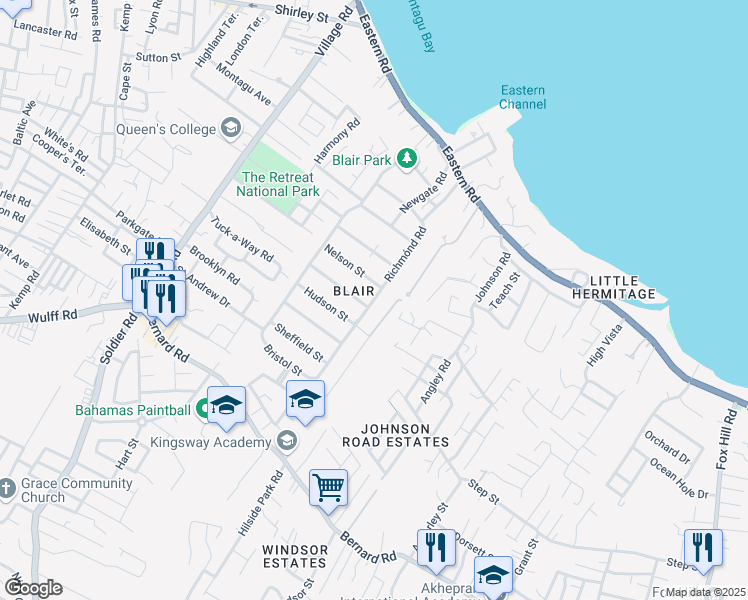 map of restaurants, bars, coffee shops, grocery stores, and more near Richmónd Rd in Nassau