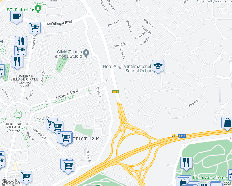 map of restaurants, bars, coffee shops, grocery stores, and more near Hessa Street in Dubai