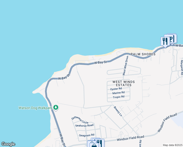 map of restaurants, bars, coffee shops, grocery stores, and more near West Bay Street in Nassau
