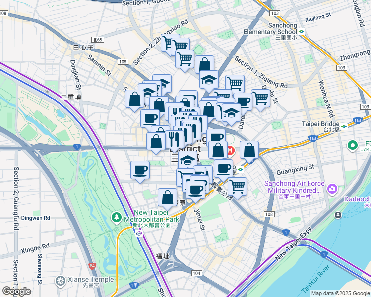 map of restaurants, bars, coffee shops, grocery stores, and more near in Sanchong District