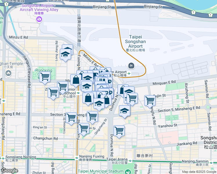map of restaurants, bars, coffee shops, grocery stores, and more near 168 Section 3, Minquan East Road in Songshan District