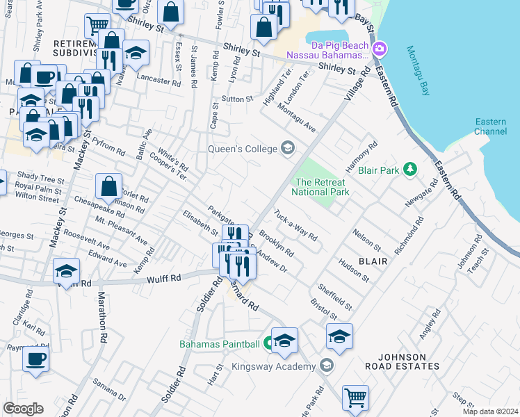 map of restaurants, bars, coffee shops, grocery stores, and more near in Nassau