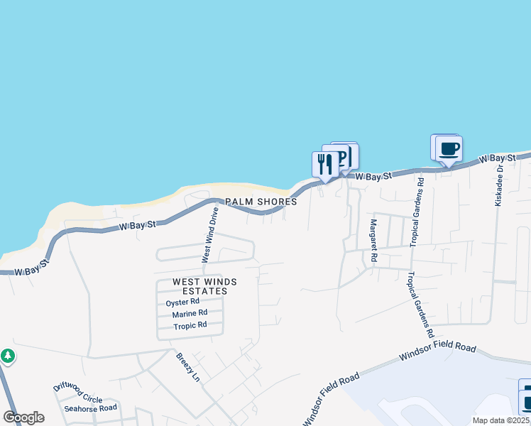 map of restaurants, bars, coffee shops, grocery stores, and more near West Bay Street in Nassau