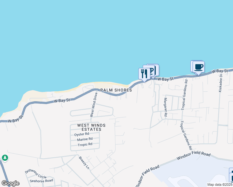map of restaurants, bars, coffee shops, grocery stores, and more near West Bay Street in Nassau