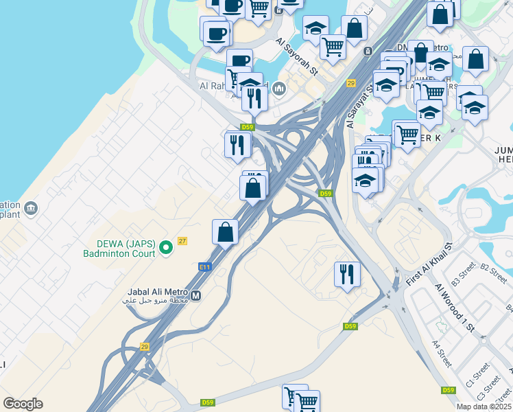 map of restaurants, bars, coffee shops, grocery stores, and more near Sheikh Zayed Road in Dubai