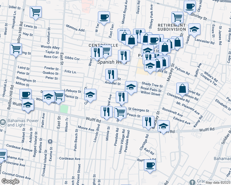 map of restaurants, bars, coffee shops, grocery stores, and more near Wilton Street in Nassau