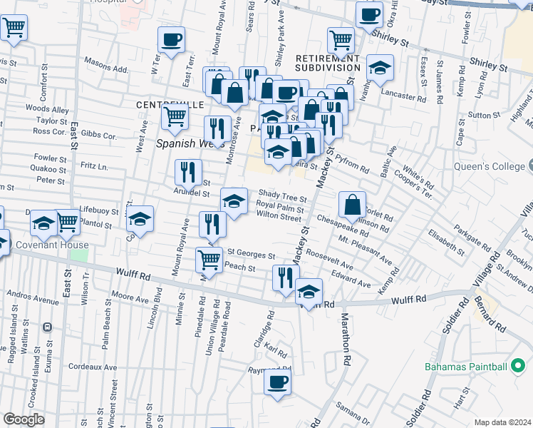 map of restaurants, bars, coffee shops, grocery stores, and more near Wilton St in Nassau