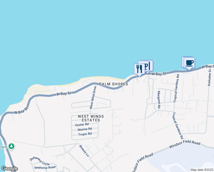 map of restaurants, bars, coffee shops, grocery stores, and more near Love Beach Walk in Nassau