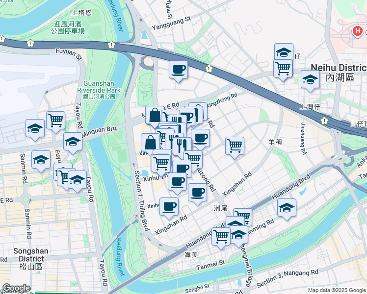 map of restaurants, bars, coffee shops, grocery stores, and more near 277 Section 1, Jiuzong Road in Neihu District