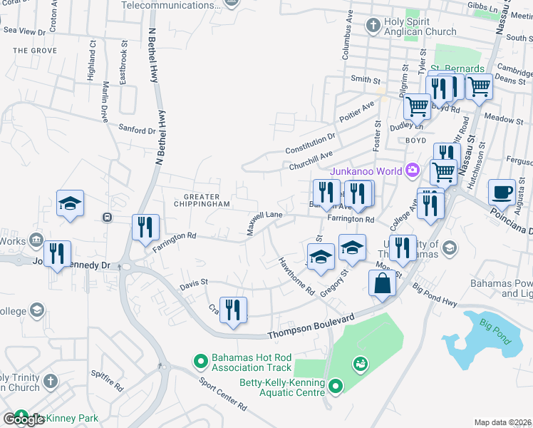 map of restaurants, bars, coffee shops, grocery stores, and more near Maxwell Lane in Nassau