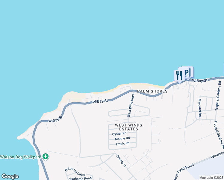 map of restaurants, bars, coffee shops, grocery stores, and more near West Bay Street in Nassau