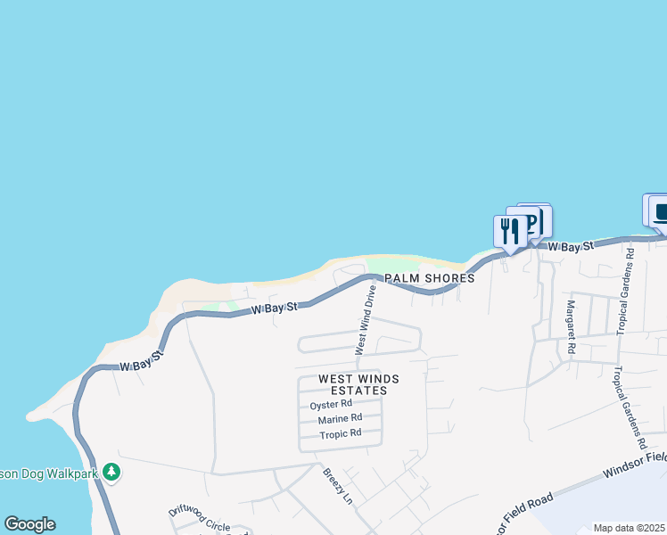 map of restaurants, bars, coffee shops, grocery stores, and more near West Bay Street in Nassau