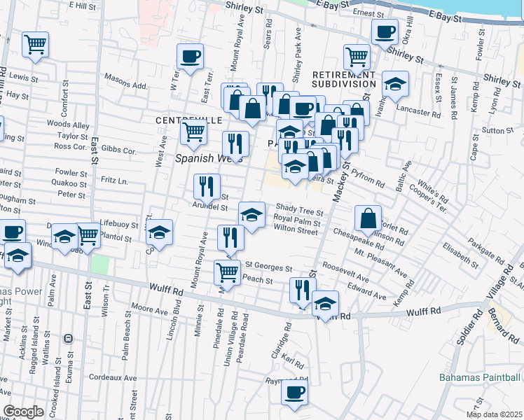 map of restaurants, bars, coffee shops, grocery stores, and more near Royal Palm St in Nassau