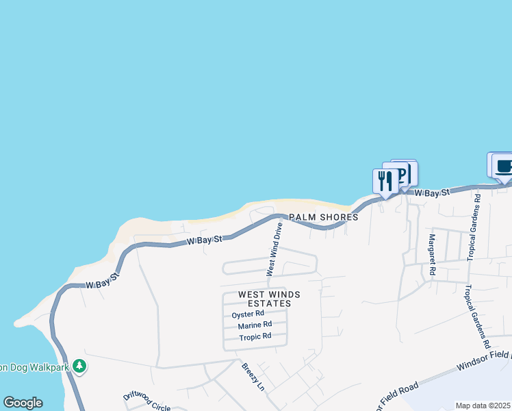 map of restaurants, bars, coffee shops, grocery stores, and more near West Bay Street in Nassau