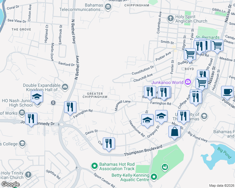 map of restaurants, bars, coffee shops, grocery stores, and more near Maxwell Lane in Nassau