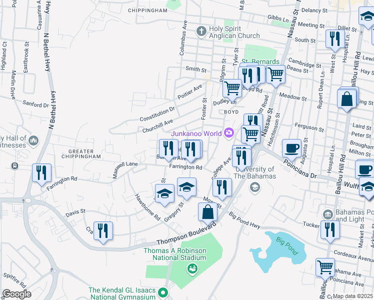 map of restaurants, bars, coffee shops, grocery stores, and more near Eden Street South in Nassau