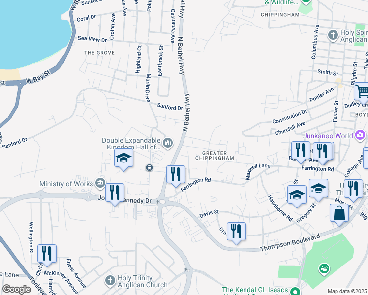 map of restaurants, bars, coffee shops, grocery stores, and more near Edmond Street in Nassau