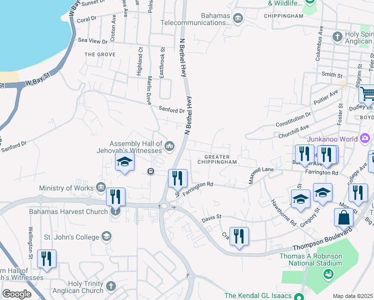 map of restaurants, bars, coffee shops, grocery stores, and more near Edmond Street in Nassau