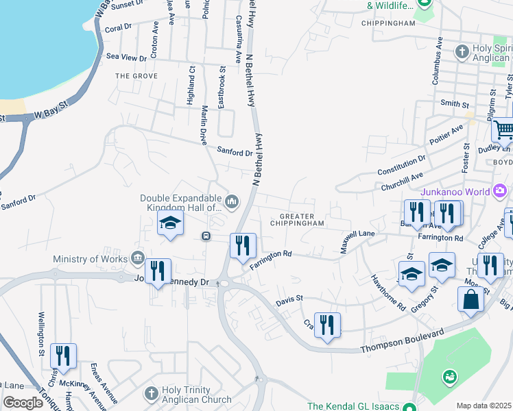 map of restaurants, bars, coffee shops, grocery stores, and more near Edmond Street in Nassau