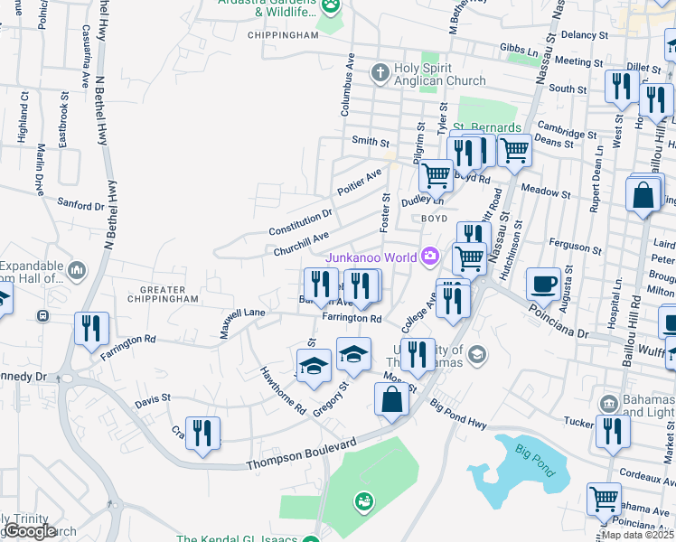 map of restaurants, bars, coffee shops, grocery stores, and more near Eden Street South in Nassau