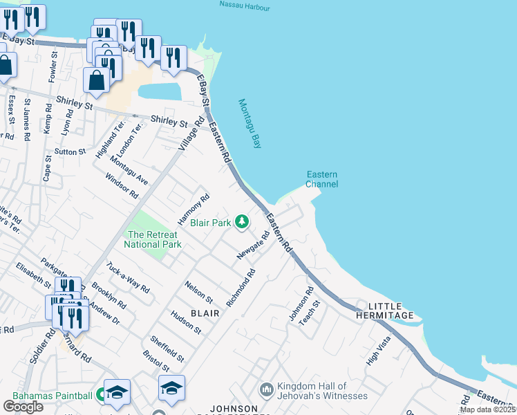 map of restaurants, bars, coffee shops, grocery stores, and more near Eastern Road in Nassau