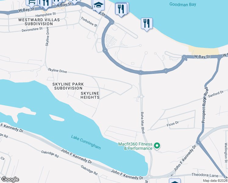 map of restaurants, bars, coffee shops, grocery stores, and more near Skyline Drive in Nassau