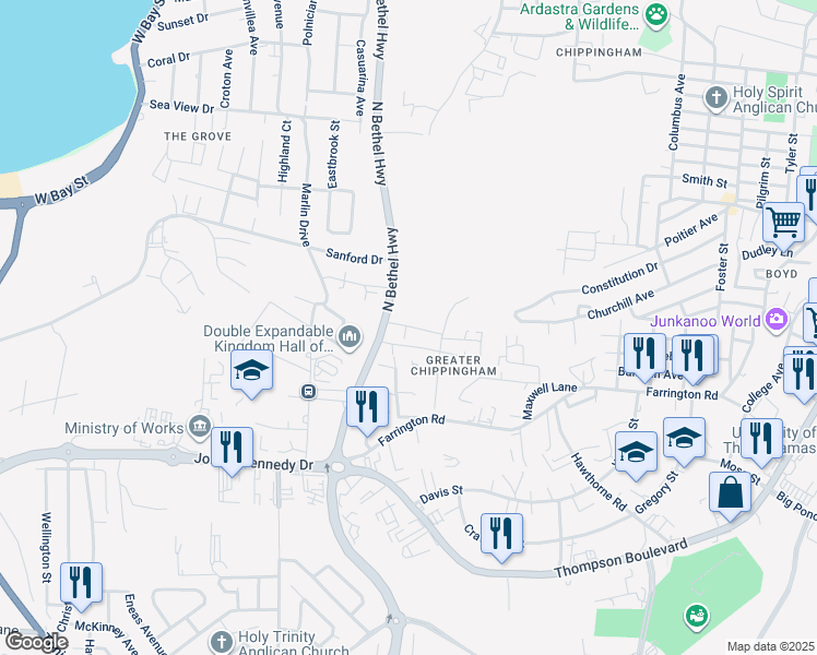 map of restaurants, bars, coffee shops, grocery stores, and more near in Nassau