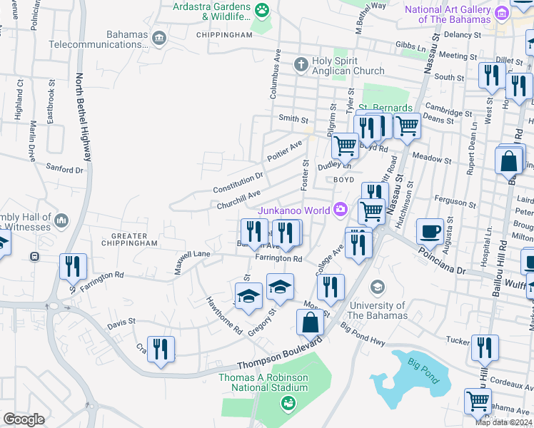 map of restaurants, bars, coffee shops, grocery stores, and more near Eden Street South in Nassau