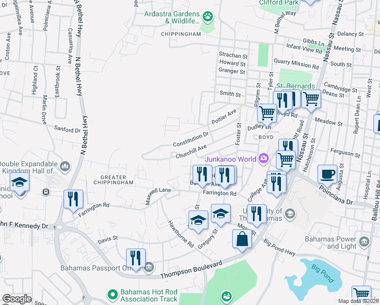 map of restaurants, bars, coffee shops, grocery stores, and more near Churchill Avenue in Nassau
