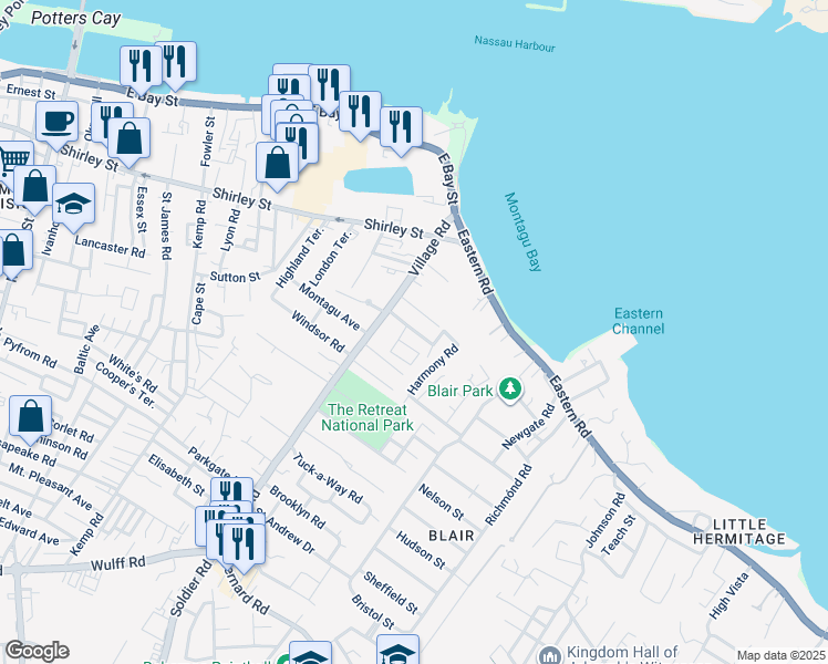map of restaurants, bars, coffee shops, grocery stores, and more near Harmony Hill Road in Nassau
