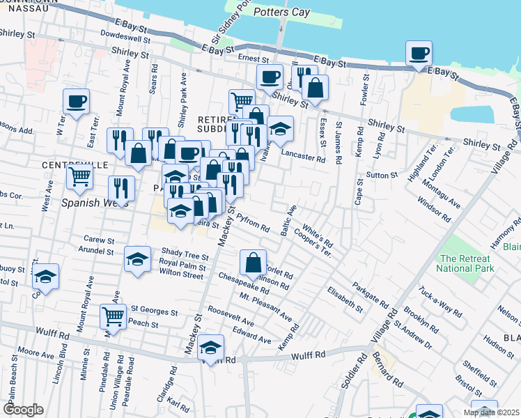map of restaurants, bars, coffee shops, grocery stores, and more near Claire Road in Nassau