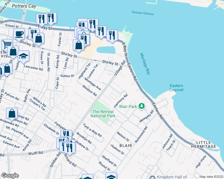 map of restaurants, bars, coffee shops, grocery stores, and more near Harmony Hill Road in Nassau