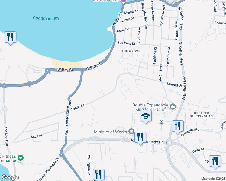map of restaurants, bars, coffee shops, grocery stores, and more near Sanford Dr in Nassau